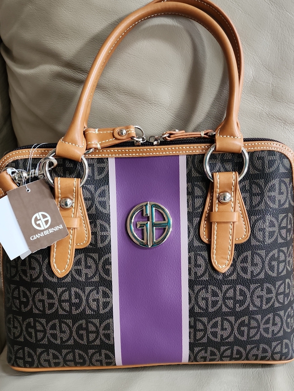 Giani Bernini Brown Monogram Satchel with Purple Center Stripe New